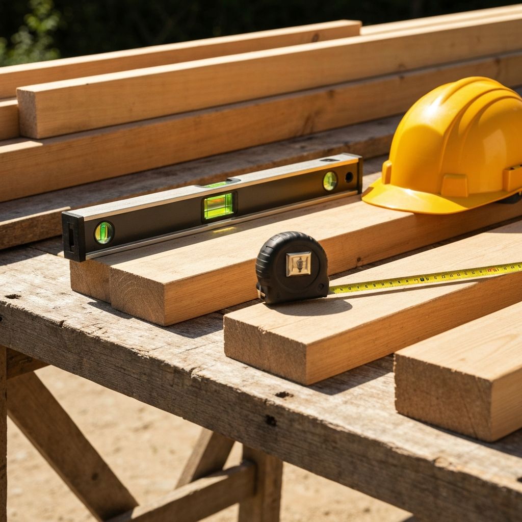 Construction tools and building materials — spirit level, tape measure, and timber on a workbench