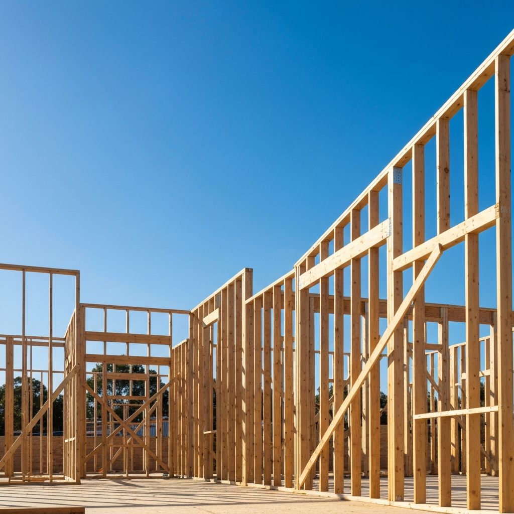 New home timber framing under a clear Australian sky