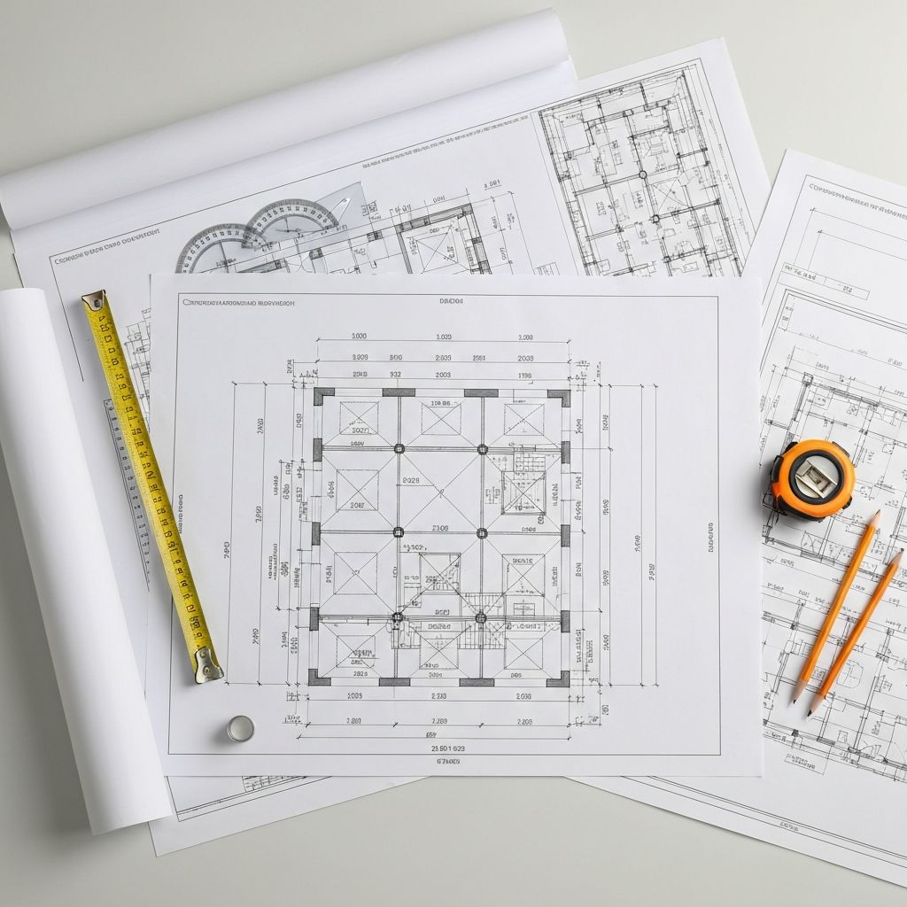 Architectural blueprints and plans laid on a table with measuring tools